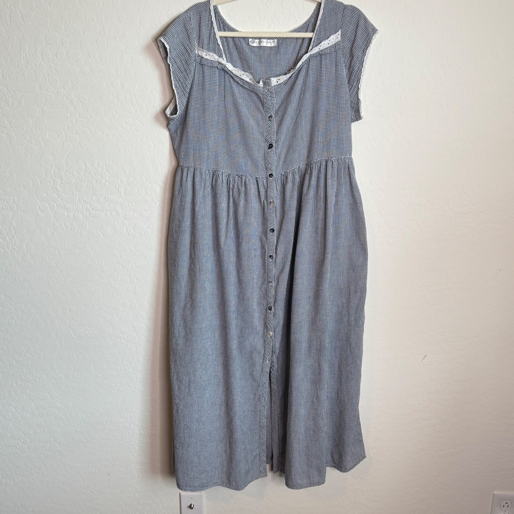 Eileen West Gingham Nightgown Prairie Cottagecore Lace Midi Feminine Pockets